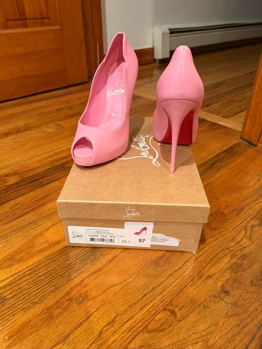 Christian Louboutin Pink Peep-Toe Stiletto Pumps with Red Sole